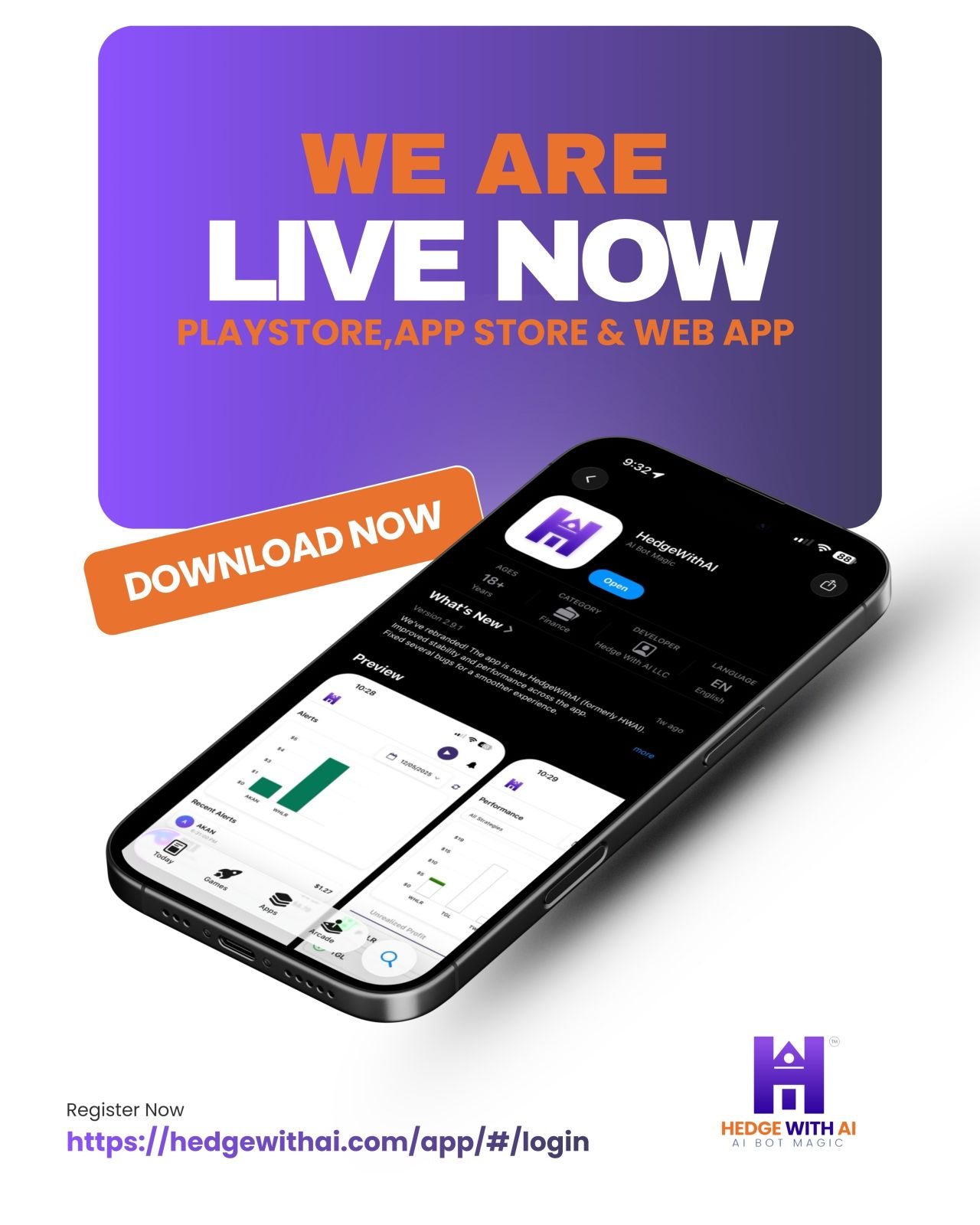 HedgeWithAI — an AI-bot trading product we helped take live across the Play Store, App Store and web. Idea to Sale, in the AI era.
