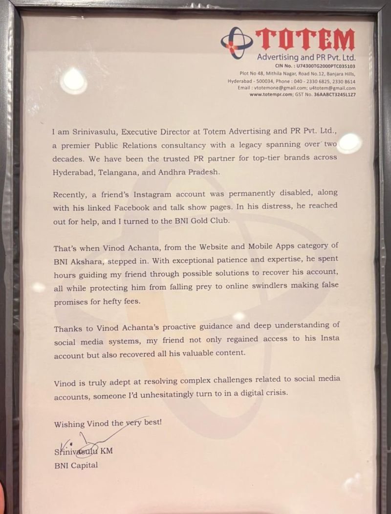 Testimonial letter from Totem Advertising and PR Pvt Ltd for Vinod Achanta